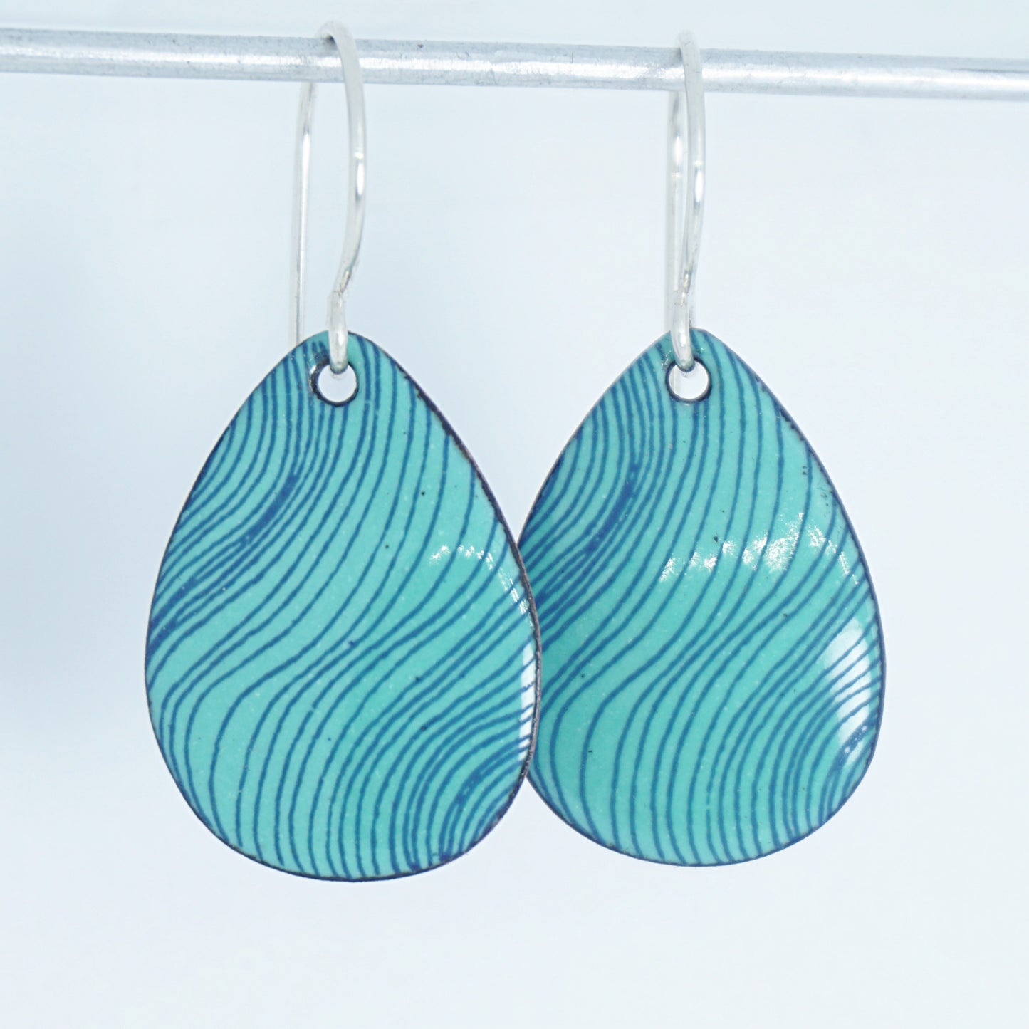 Blue Accents on Green Enamel Teardrop Earrings