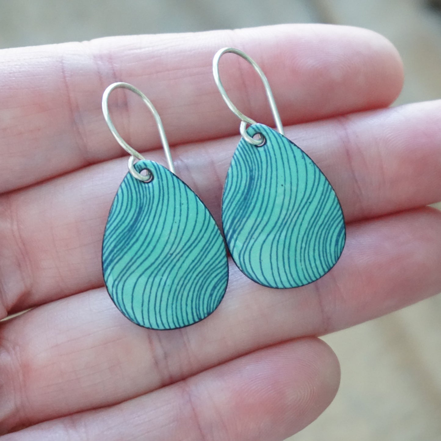 Blue Accents on Green Enamel Teardrop Earrings