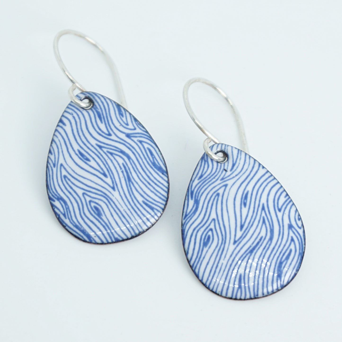 Blue Accents on White Enamel Teardrop Earrings