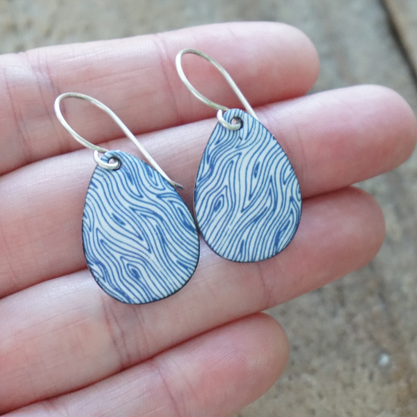 Blue Accents on White Enamel Teardrop Earrings
