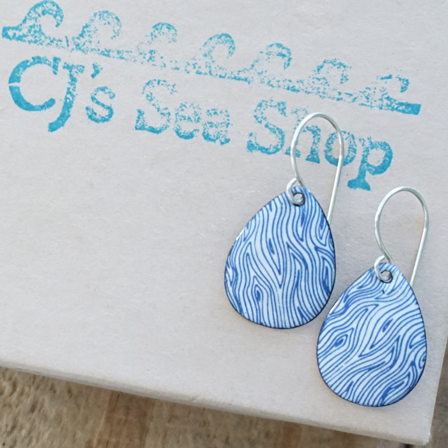 Blue Accents on White Enamel Teardrop Earrings