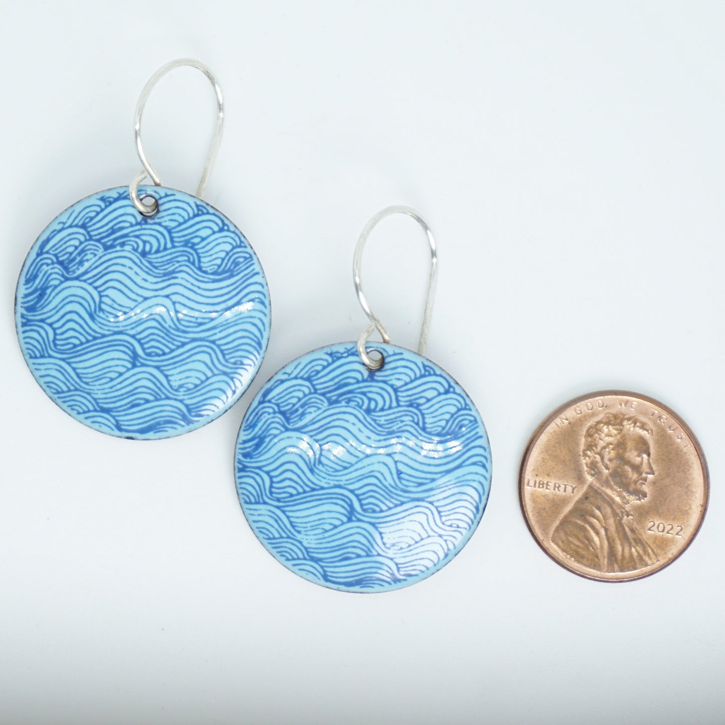 Blue Waves on Light Blue Enamel Disc Earrings