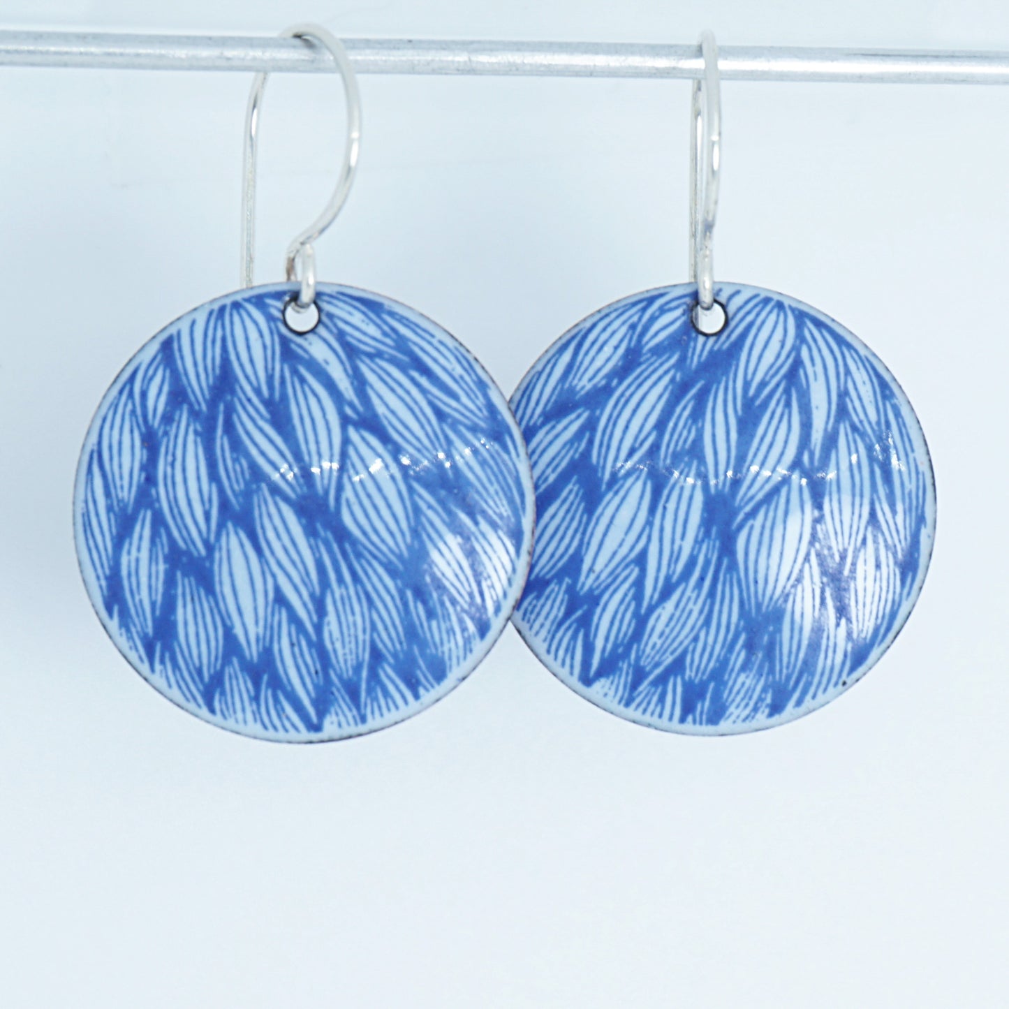 Blue Leaf Accents on Light Periwinkle Enamel Disc Earrings