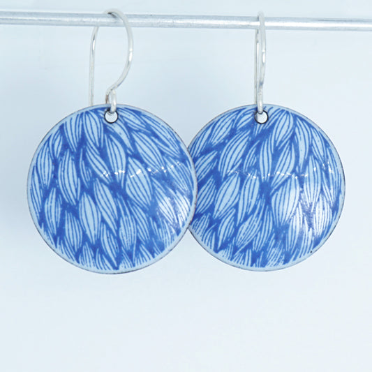 Blue Leaf Accents on Light Periwinkle Enamel Disc Earrings