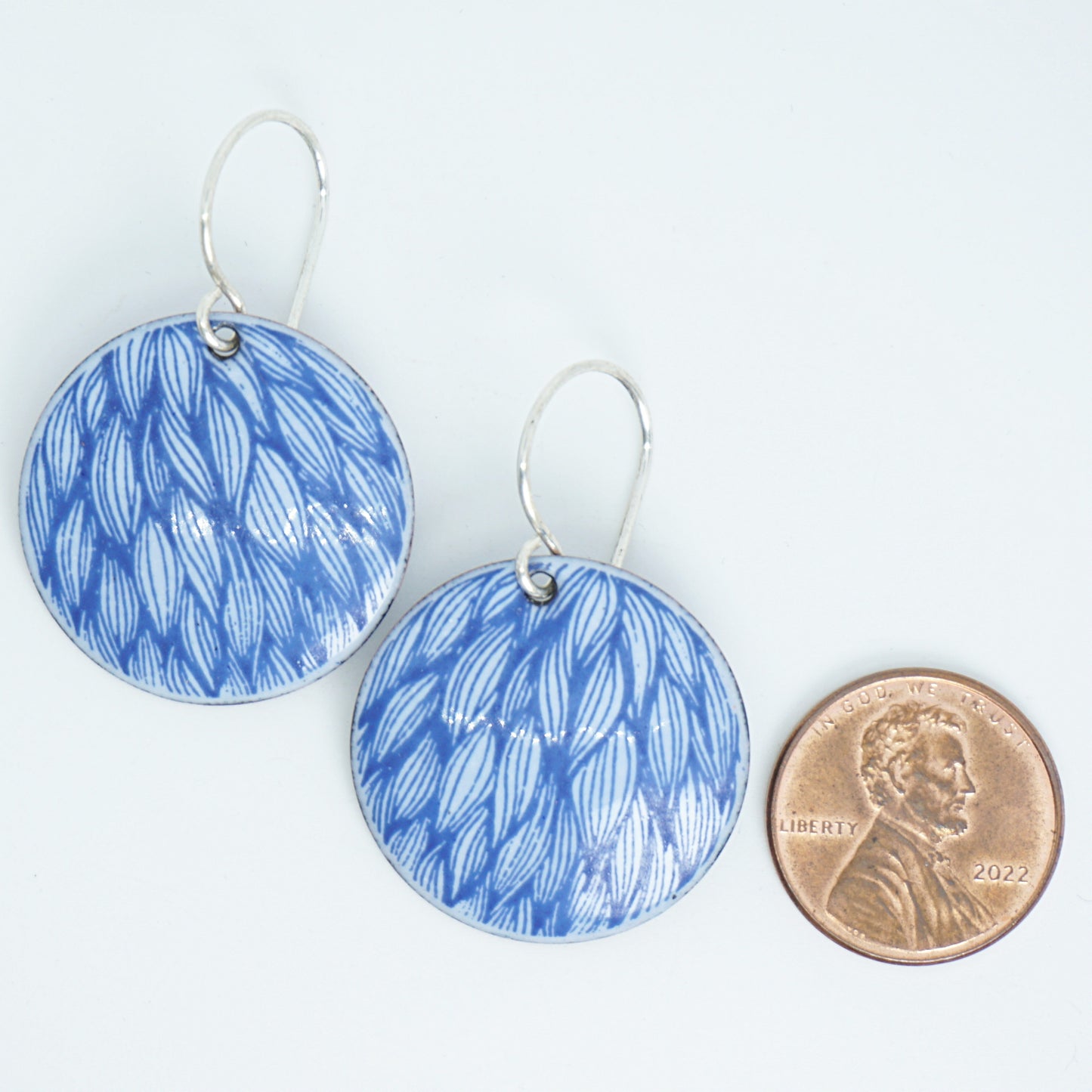 Blue Leaf Accents on Light Periwinkle Enamel Disc Earrings