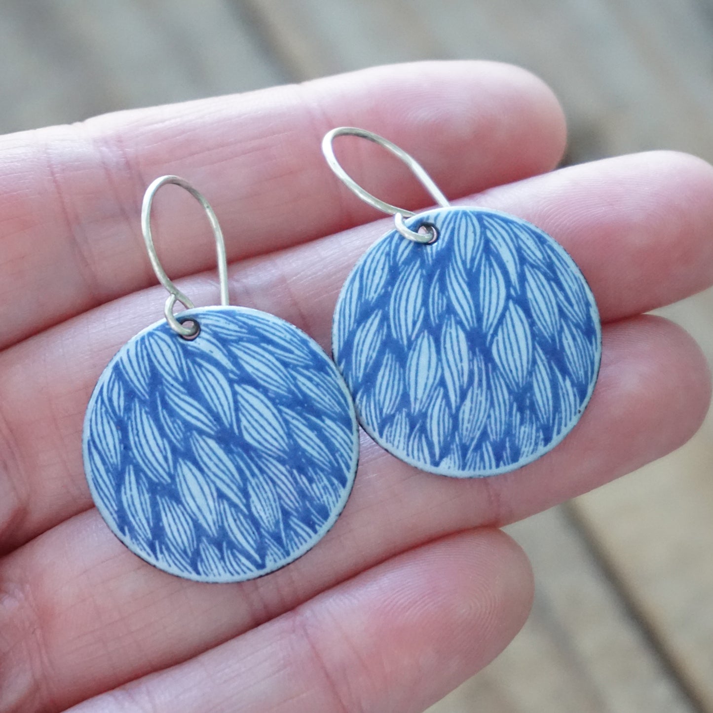 Blue Leaf Accents on Light Periwinkle Enamel Disc Earrings