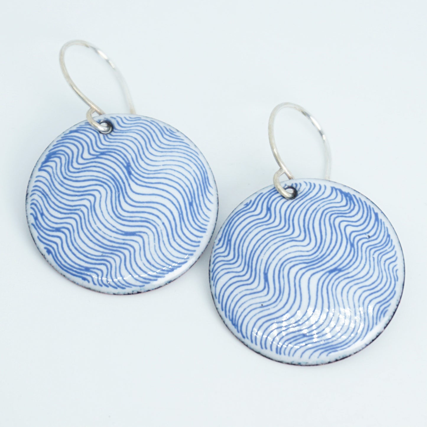 Blue Wavy Line Accents on Light Periwinkle Enamel Disc Earrings