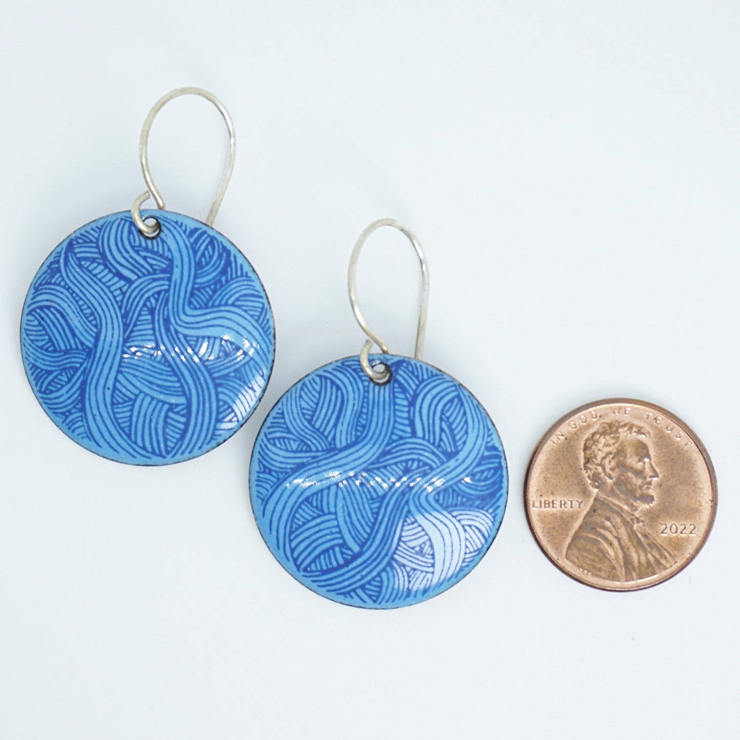 Blue Line Accents on Blue Enamel Disc Earrings