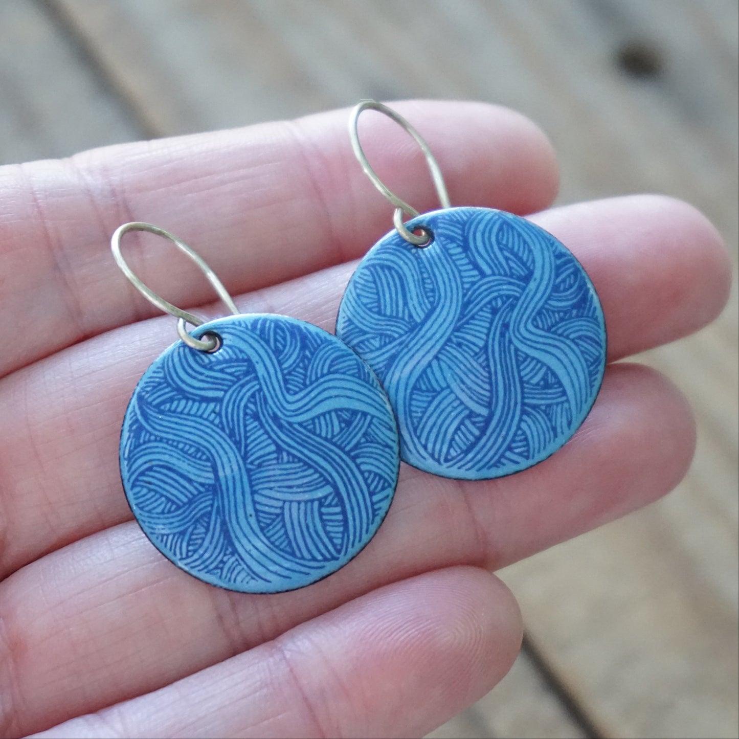 Blue Line Accents on Blue Enamel Disc Earrings