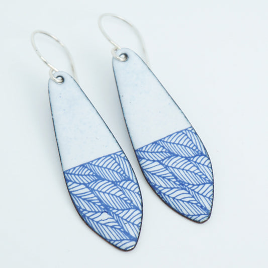 Blue Leaf Accents on White Enamel Teardrop Earrings