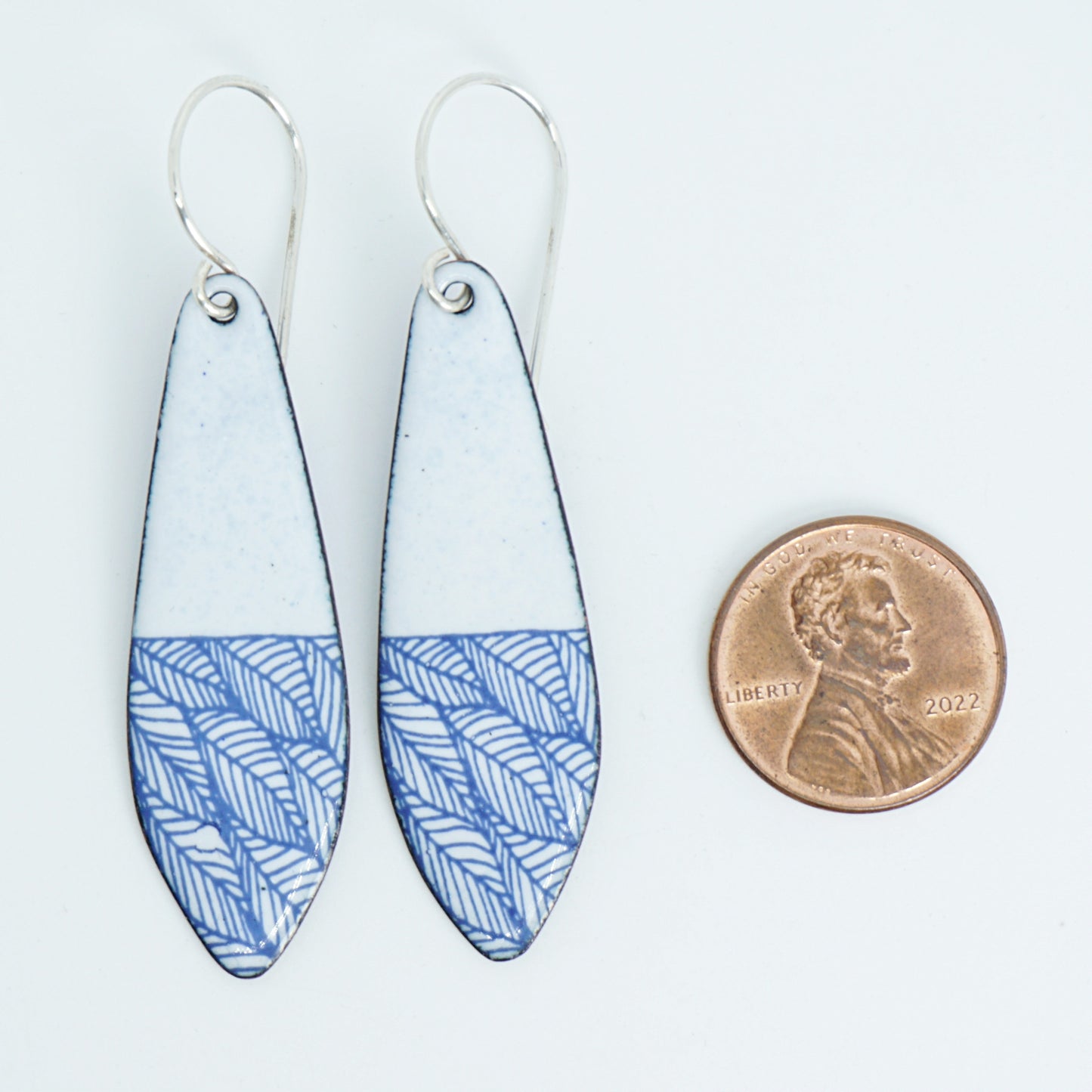 Blue Leaf Accents on White Enamel Teardrop Earrings