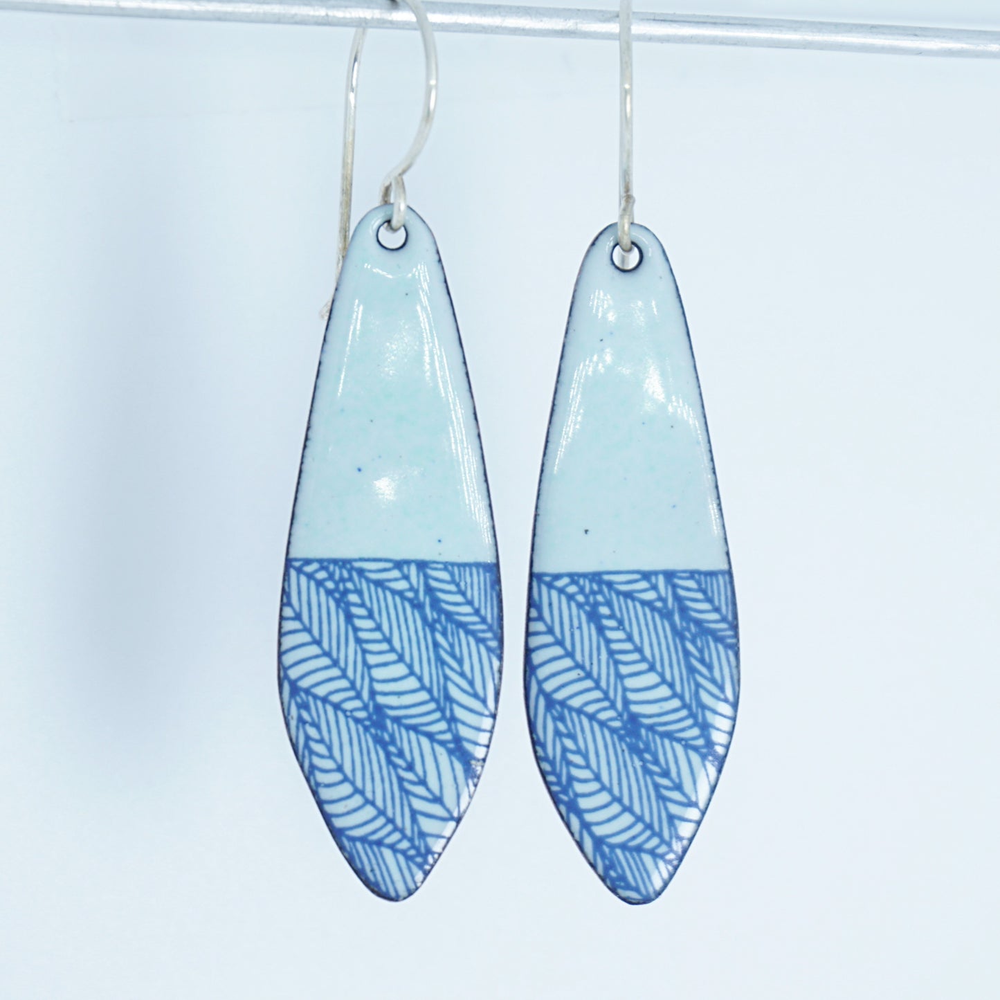 Blue Leaf Accents on Seafoam Green Enamel Teardrop Earrings