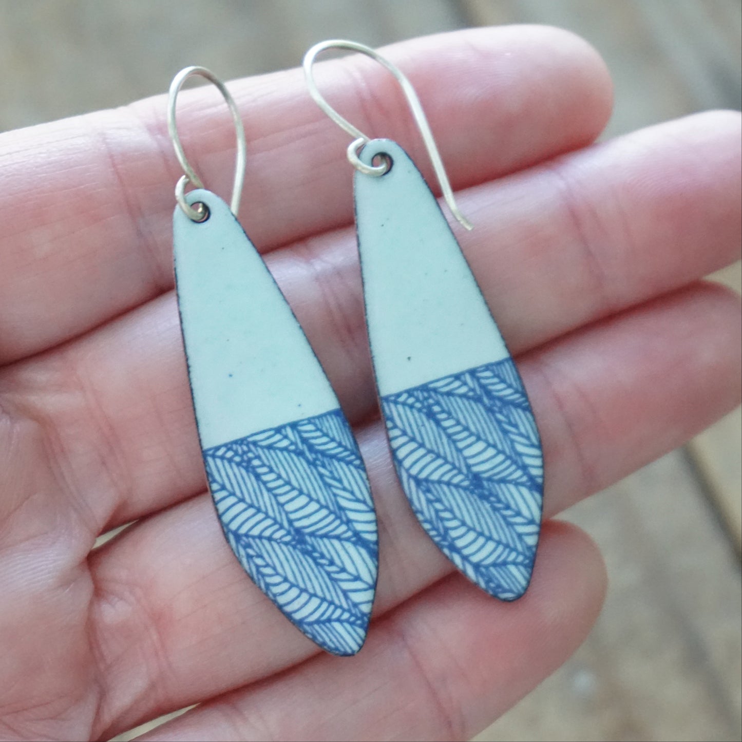 Blue Leaf Accents on Seafoam Green Enamel Teardrop Earrings
