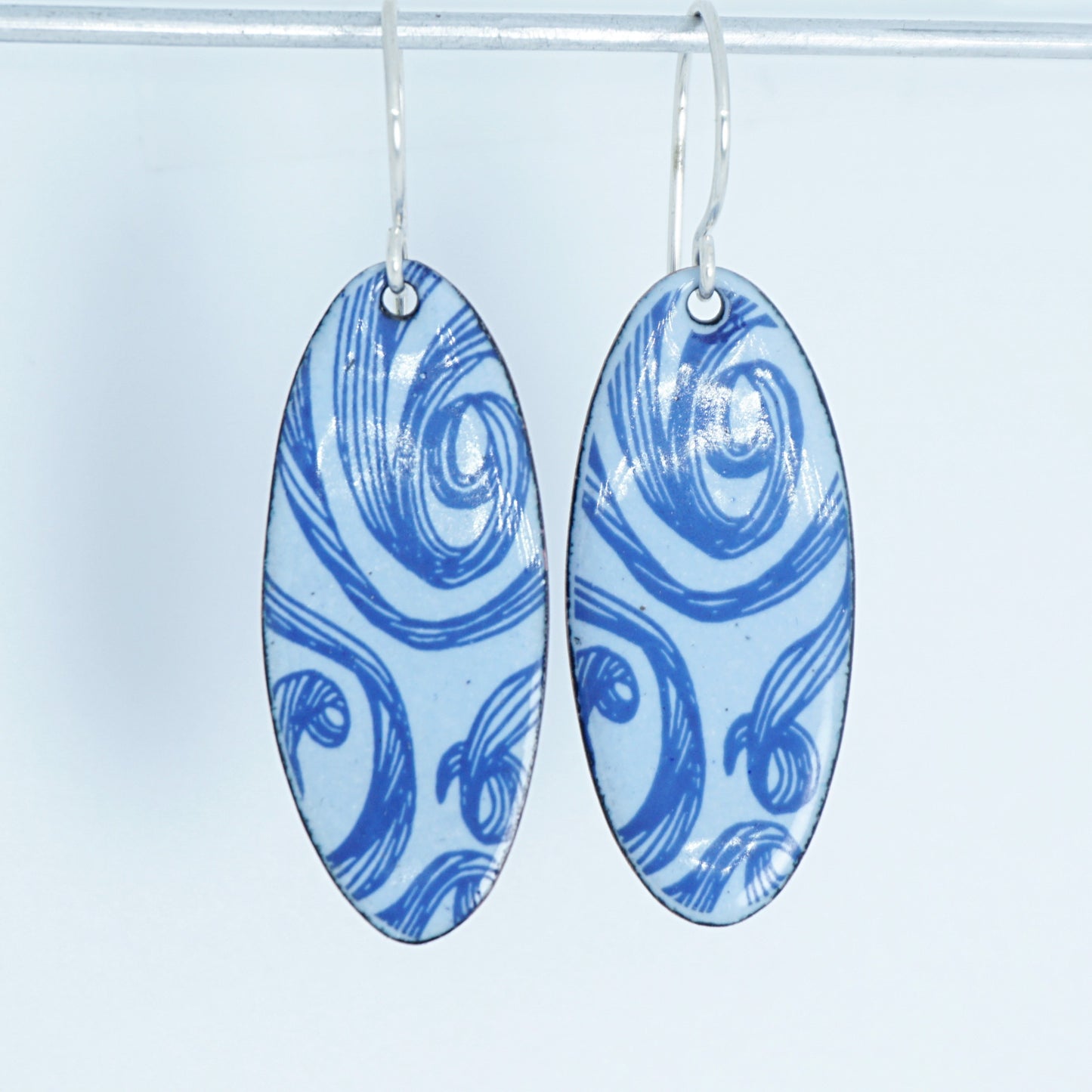 Blue Swirls on Light Periwinkle Enamel Oval Earrings