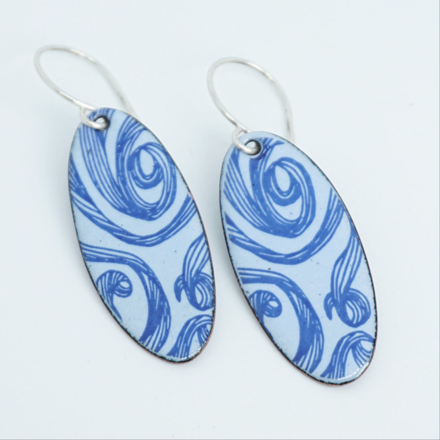 Blue Swirls on Light Periwinkle Enamel Oval Earrings