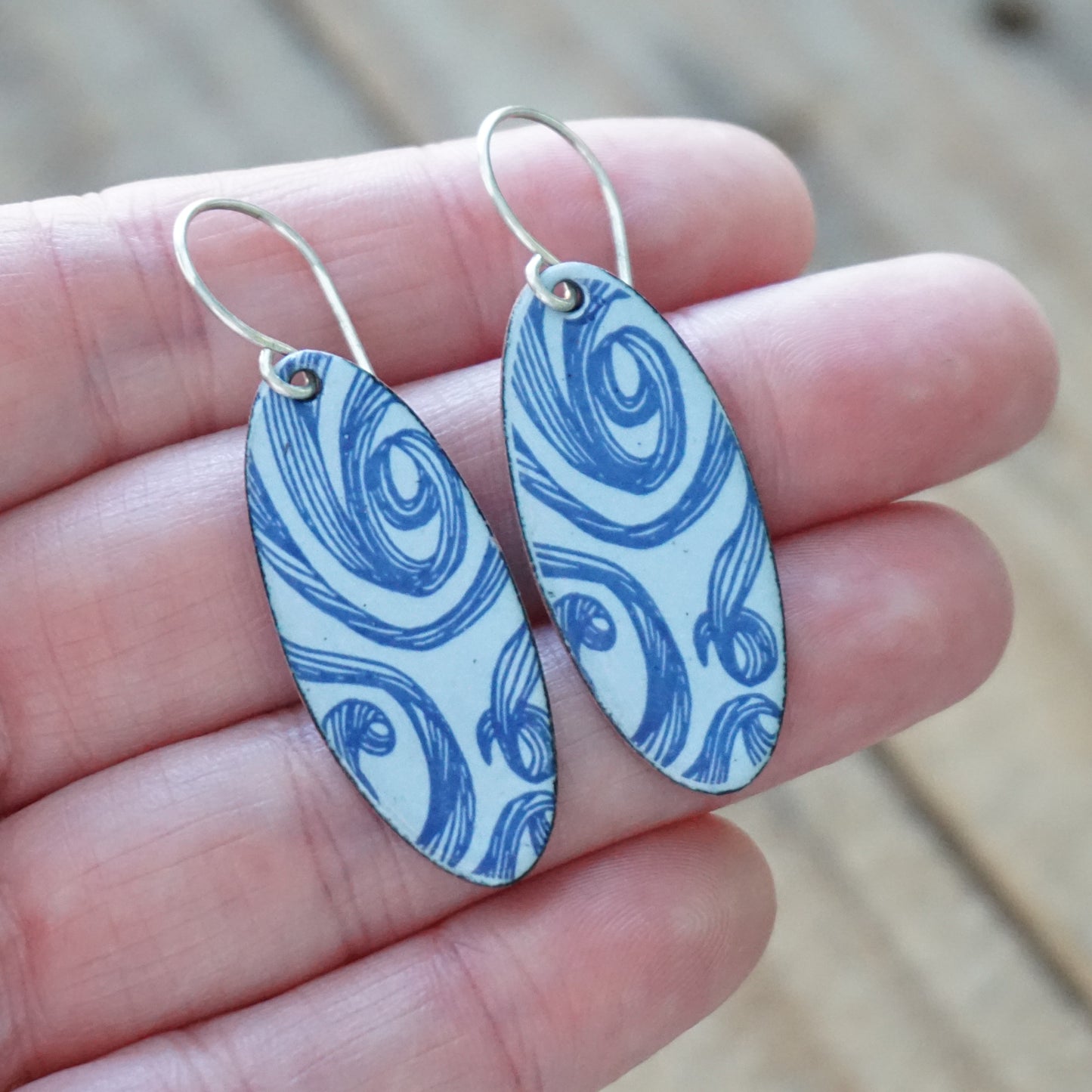 Blue Swirls on Light Periwinkle Enamel Oval Earrings