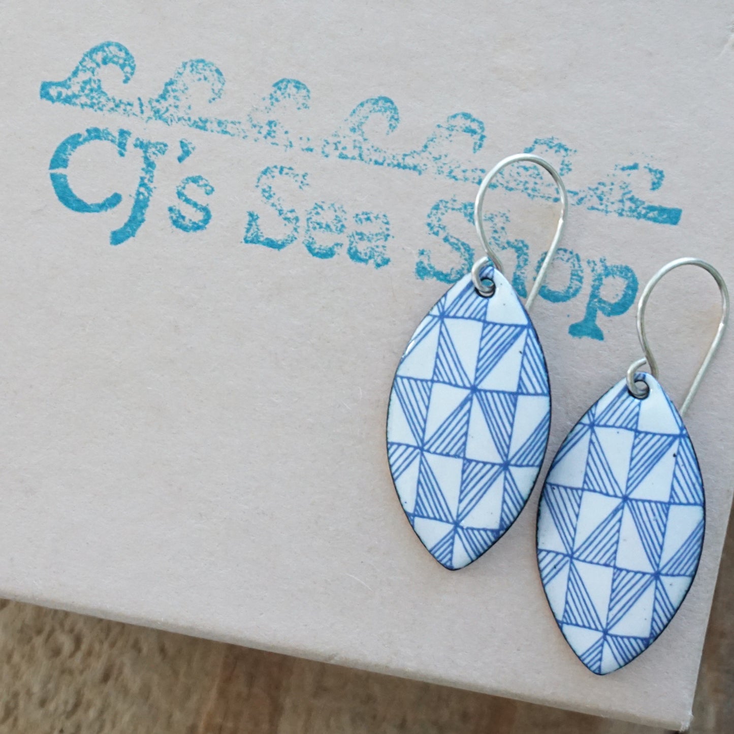 Blue Windmill on White Enamel Marquis Earrings