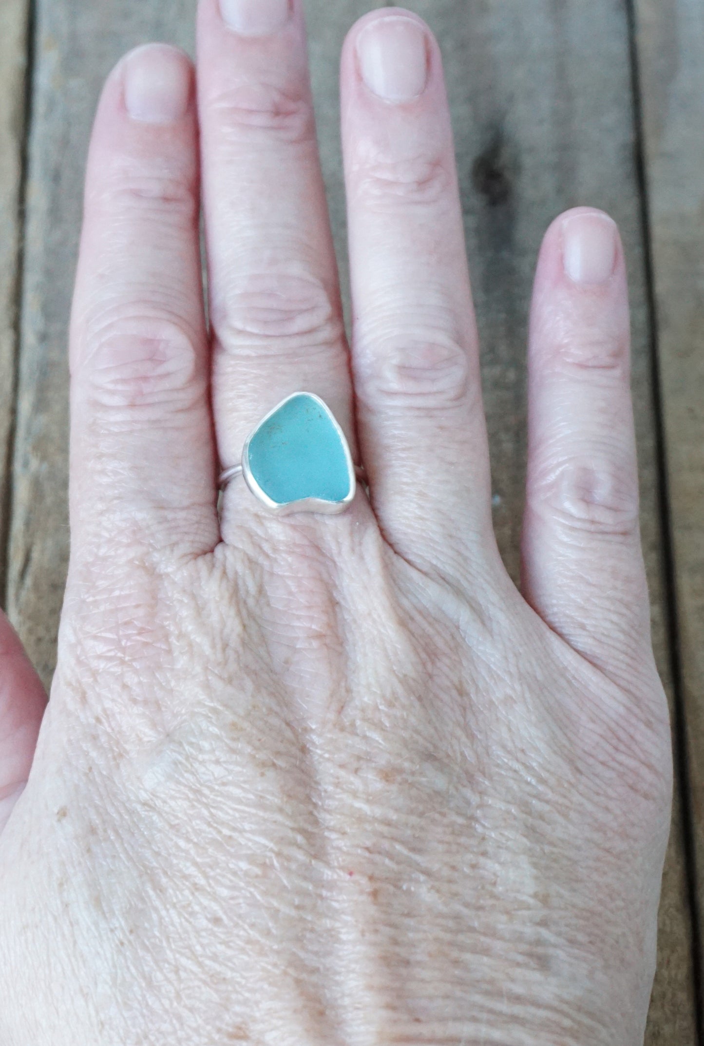Size 7 1/4 Teal Blue Green Sea Glass Stacking Ring