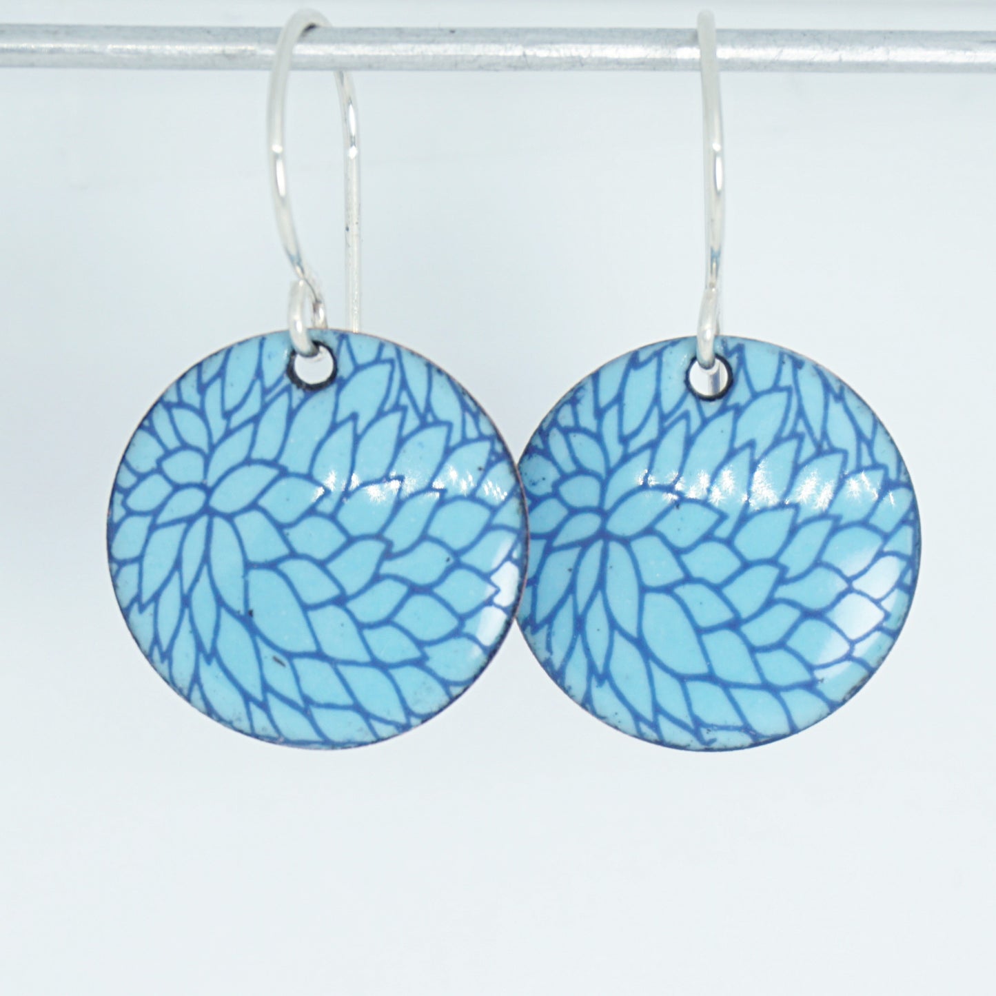 Blue Flower Accents on Light Blue Enamel Disc Earrings