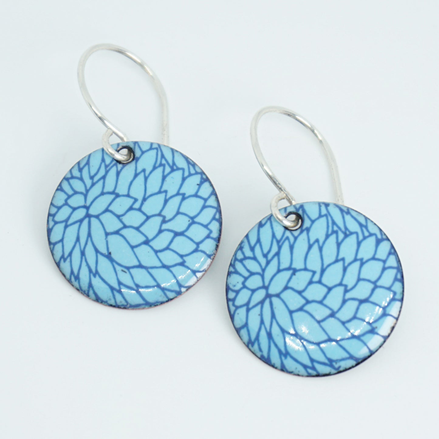 Blue Flower Accents on Light Blue Enamel Disc Earrings