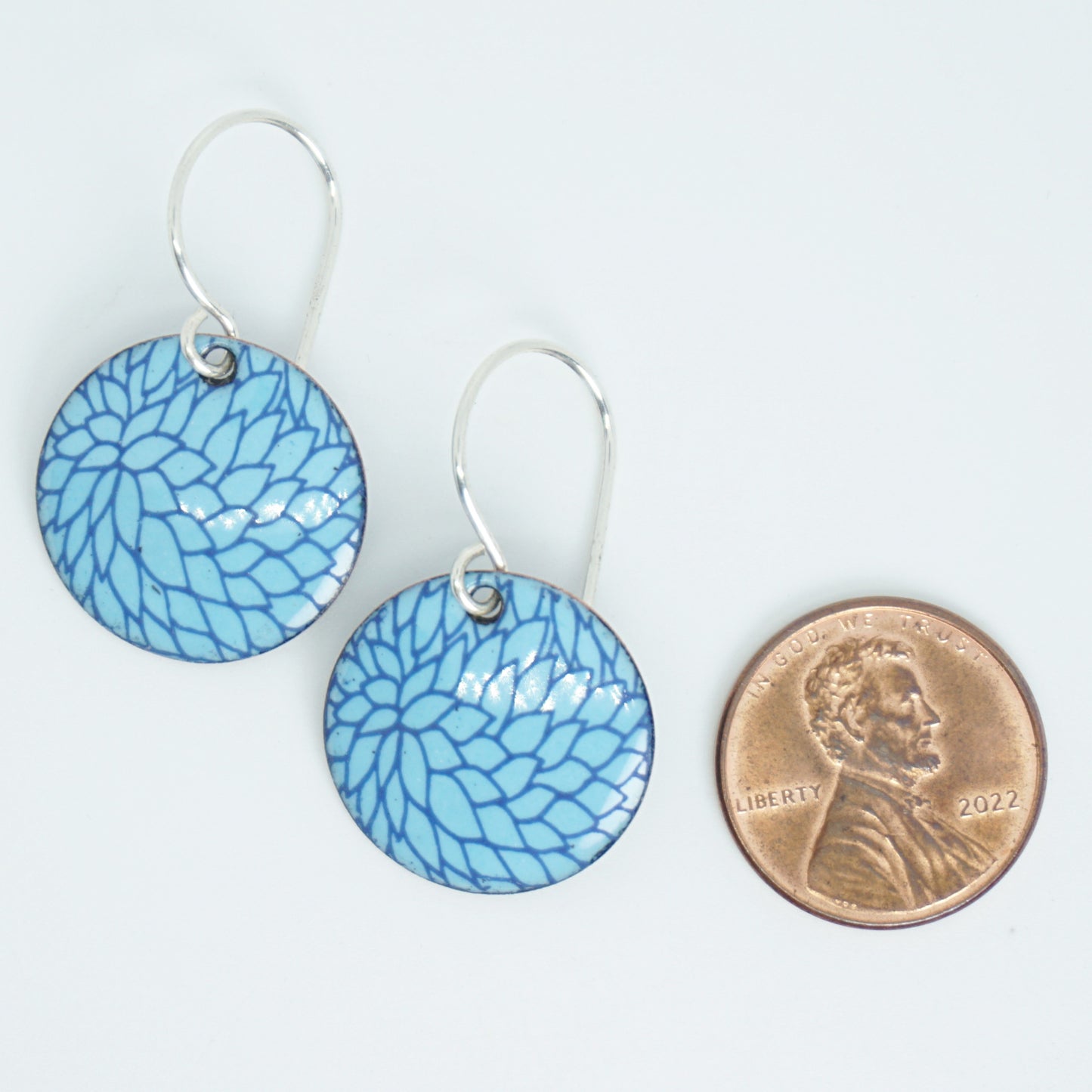 Blue Flower Accents on Light Blue Enamel Disc Earrings