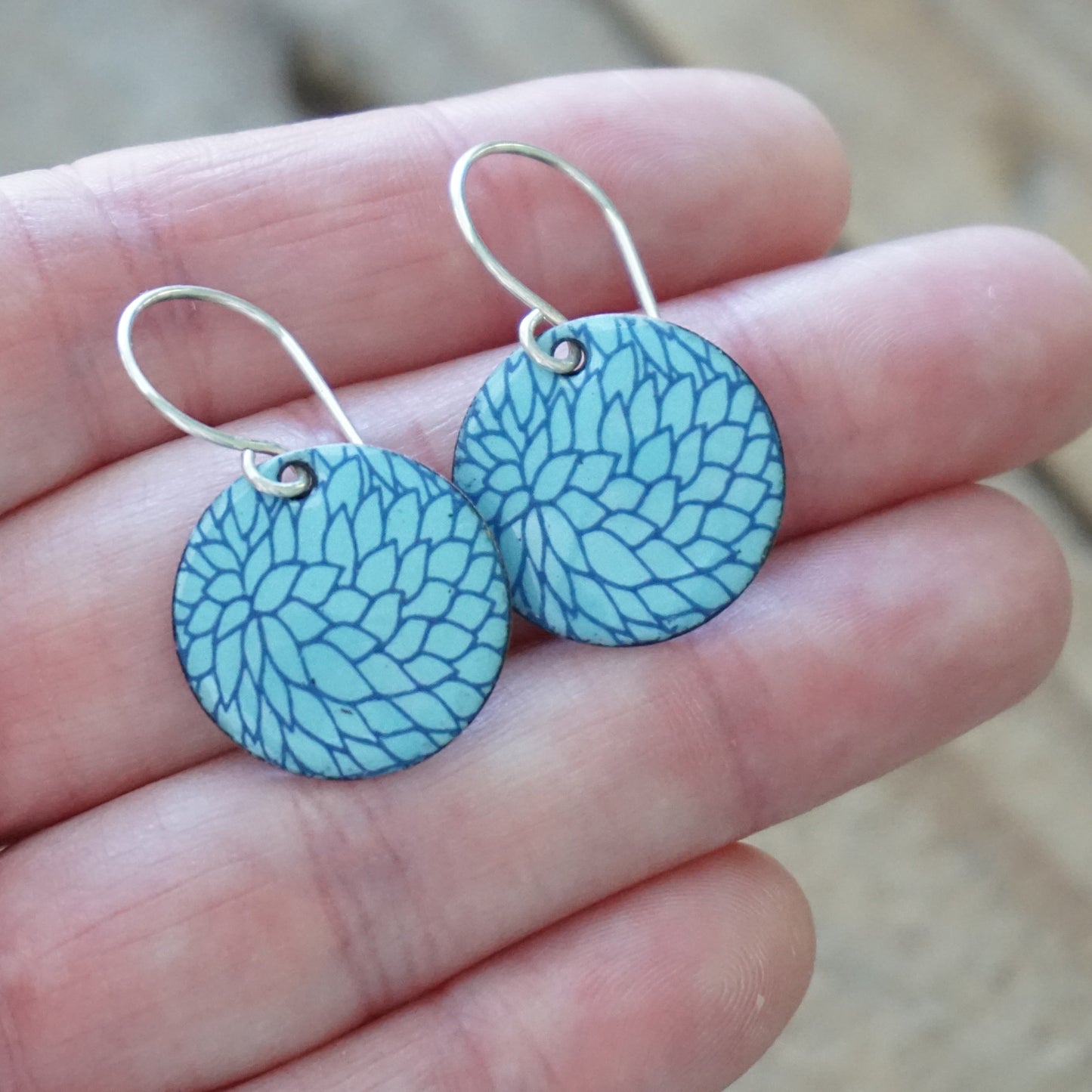 Blue Flower Accents on Light Blue Enamel Disc Earrings