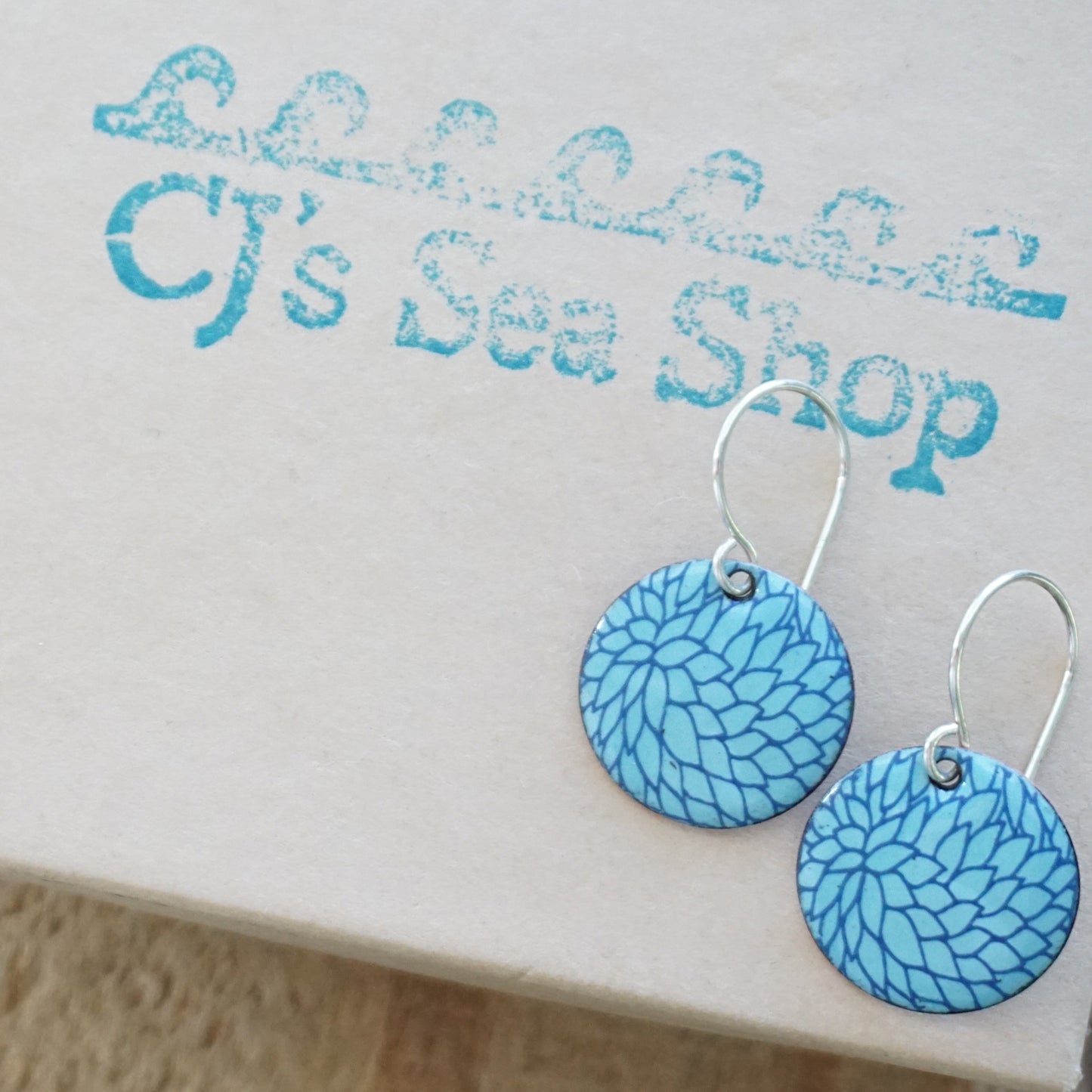 Blue Flower Accents on Light Blue Enamel Disc Earrings