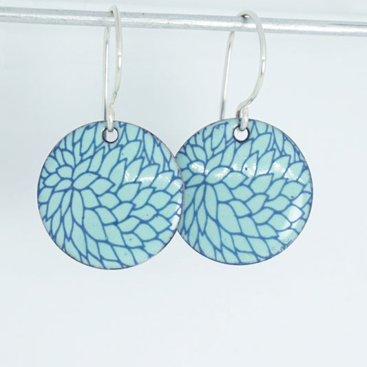 Blue Flower Accents on Seafoam Green Enamel Disc Earrings