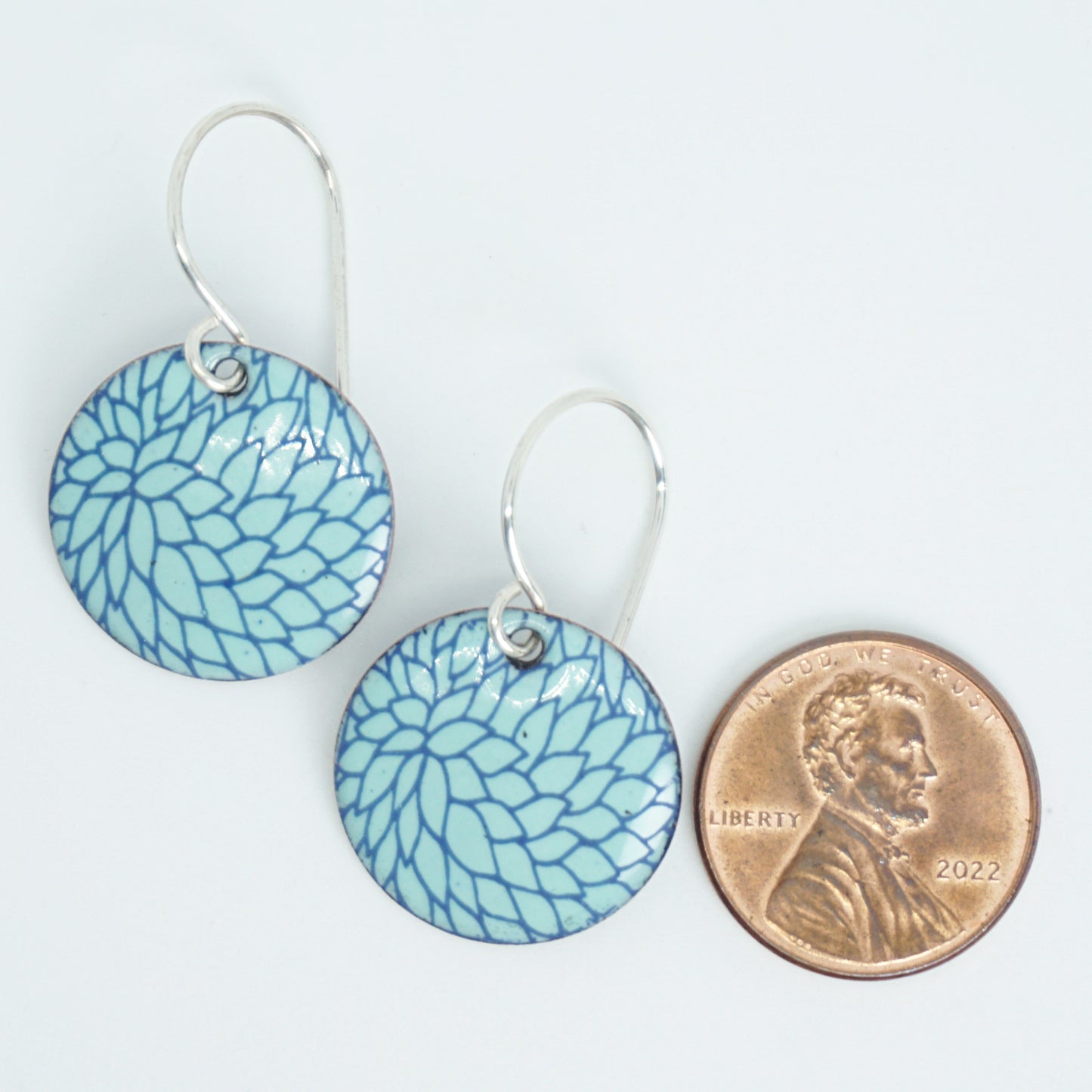 Blue Flower Accents on Seafoam Green Enamel Disc Earrings