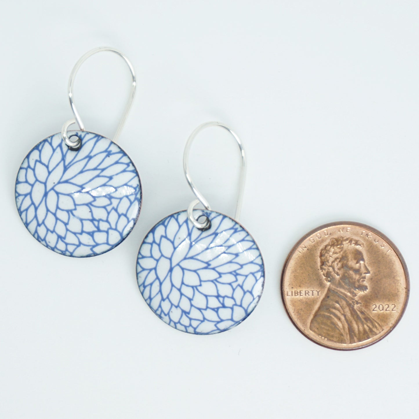 Blue Flower Accents on White Enamel Disc Earrings