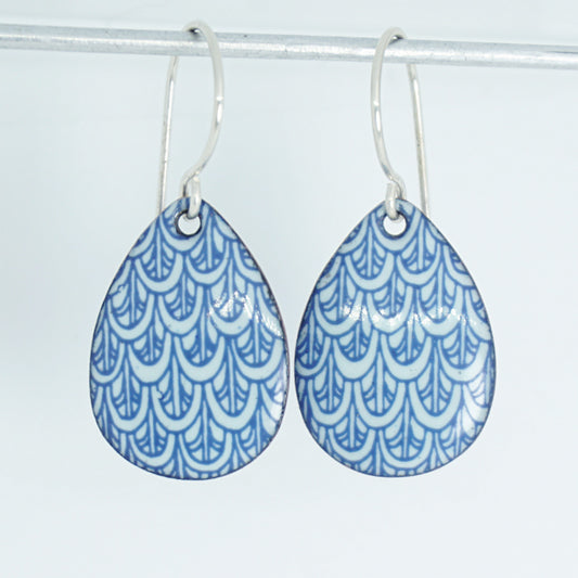 Blue Mermaid Scale Accents on Light Seafoam Green Enamel Teardrop Earrings