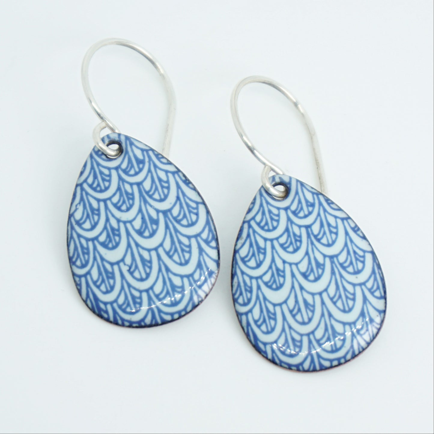 Blue Mermaid Scale Accents on Light Seafoam Green Enamel Teardrop Earrings