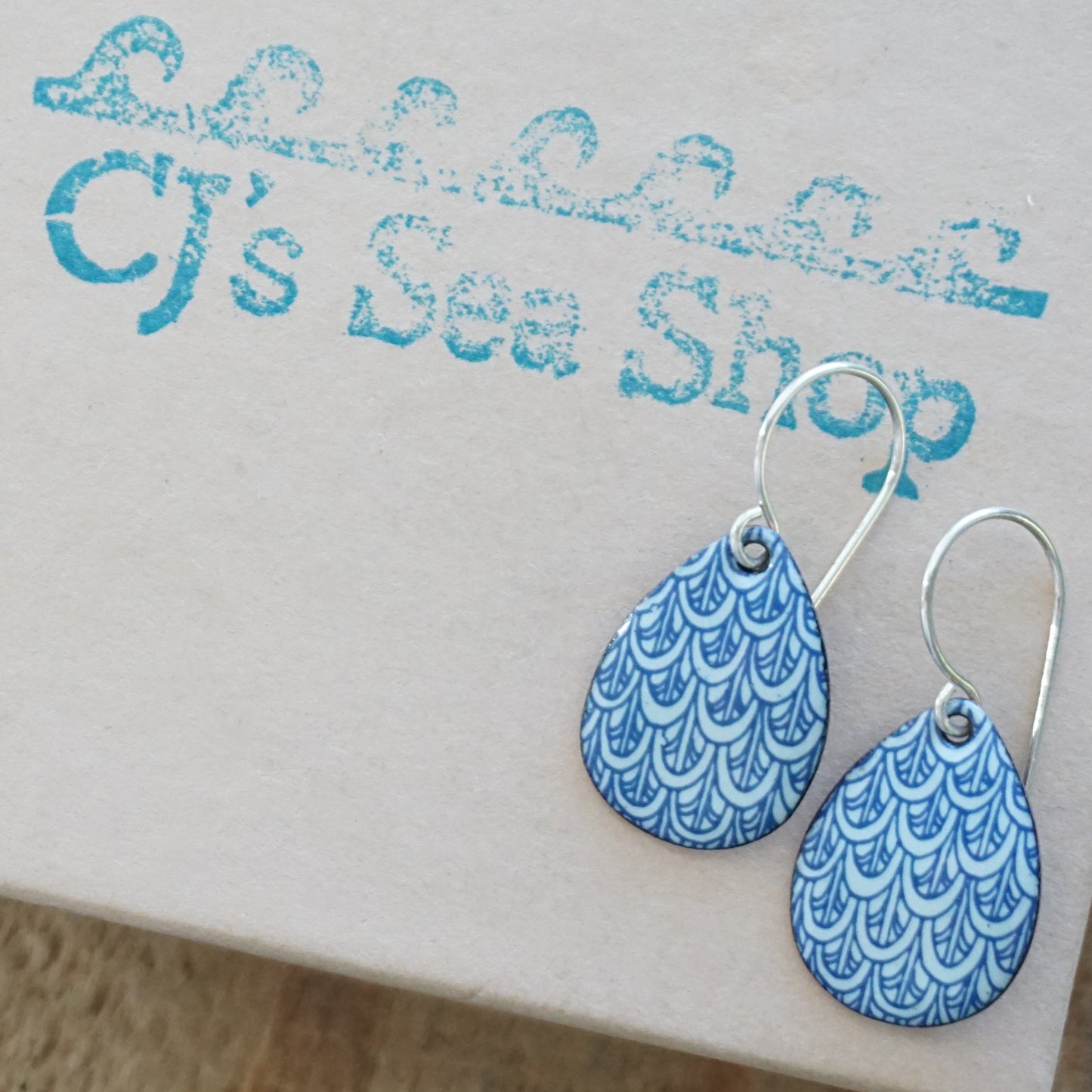 Blue Mermaid Scale Accents on Light Seafoam Green Enamel Teardrop Earrings