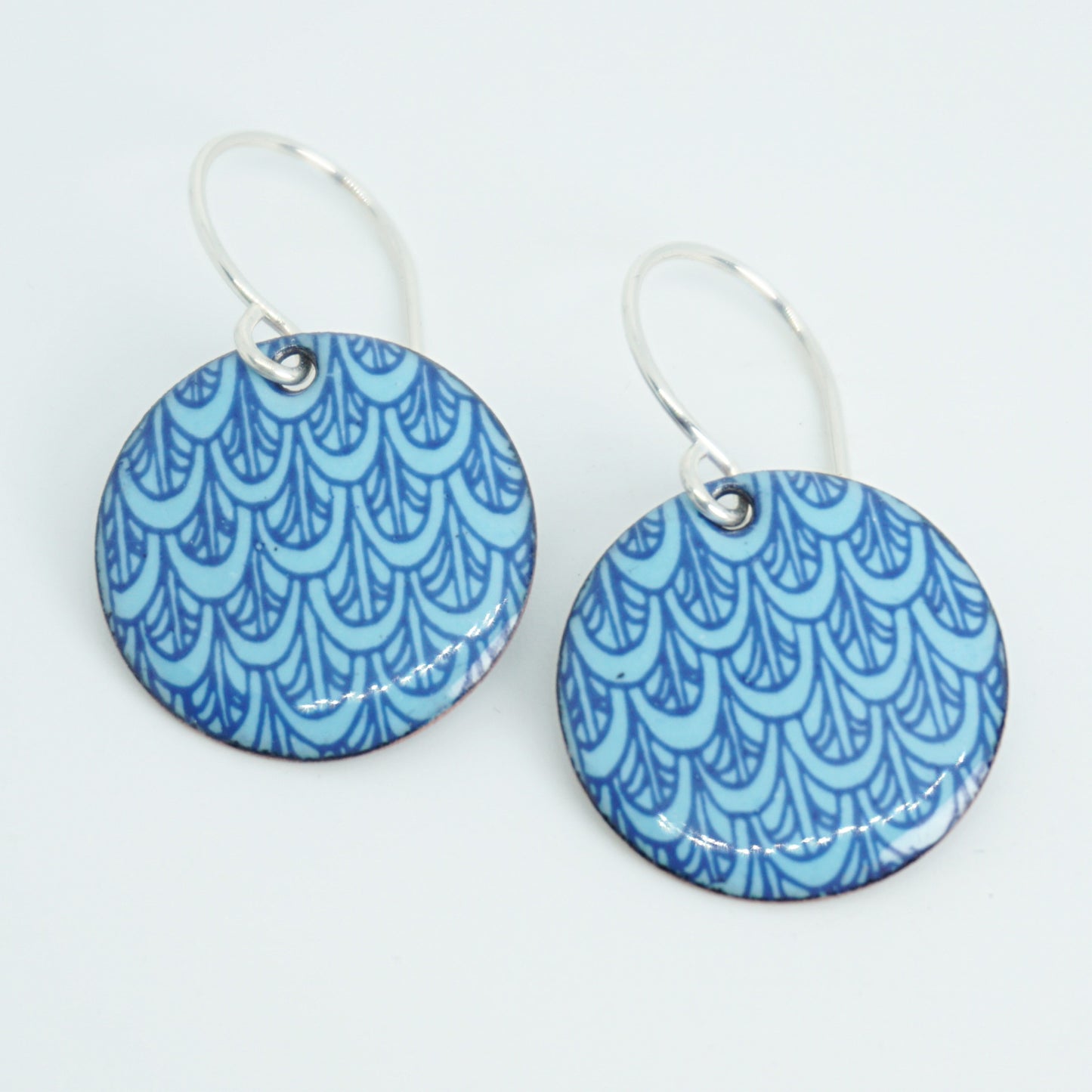 Blue Mermaid Scale Accents on Light Blue Enamel Disc Earrings