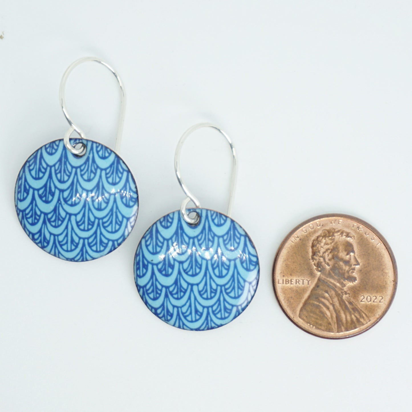 Blue Mermaid Scale Accents on Light Blue Enamel Disc Earrings