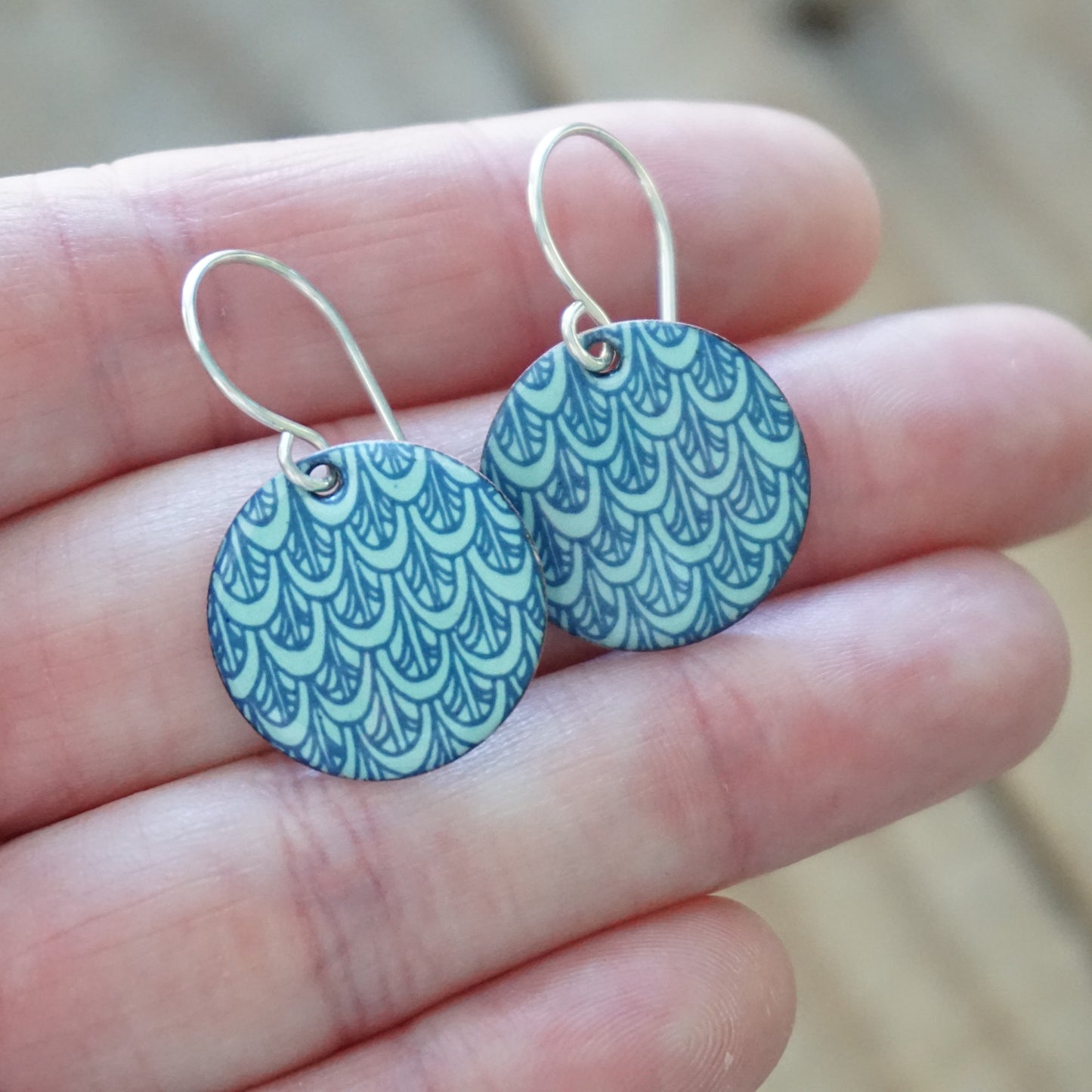 Blue Mermaid Scale Accents on Seafoam Green Enamel Disc Earrings