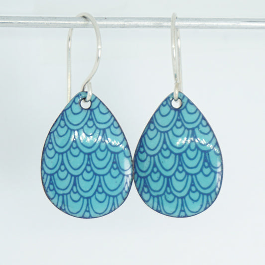 Blue Mermaid Scale Accents on Light Teal Green Enamel Teardrop Earrings