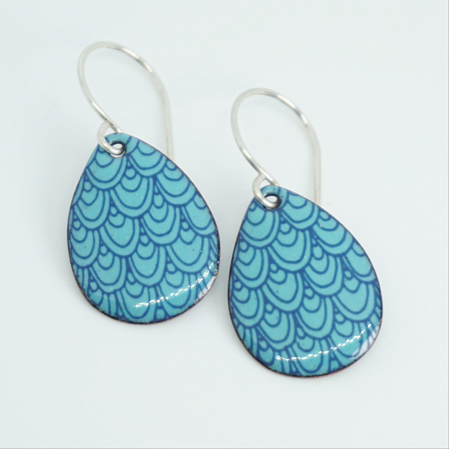 Blue Mermaid Scale Accents on Light Teal Green Enamel Teardrop Earrings