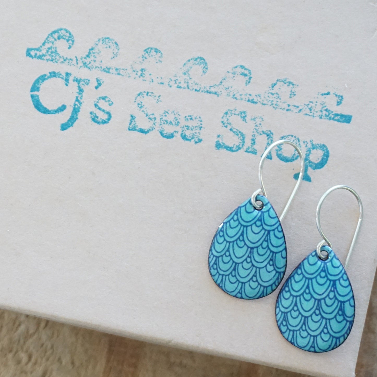Blue Mermaid Scale Accents on Light Teal Green Enamel Teardrop Earrings