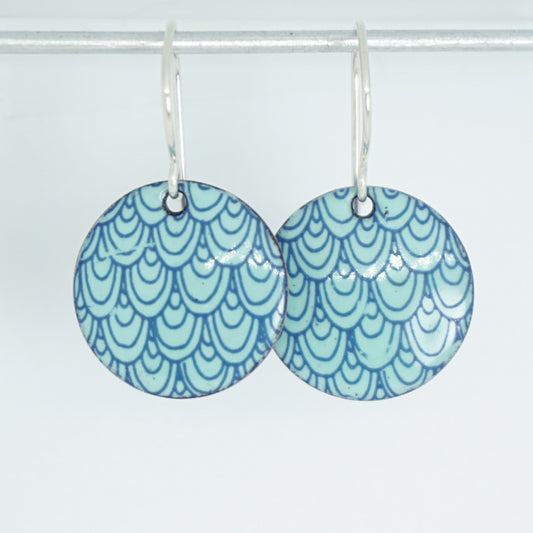 Blue Mermaid Scale Accents on Seafoam Green Enamel Disc Earrings