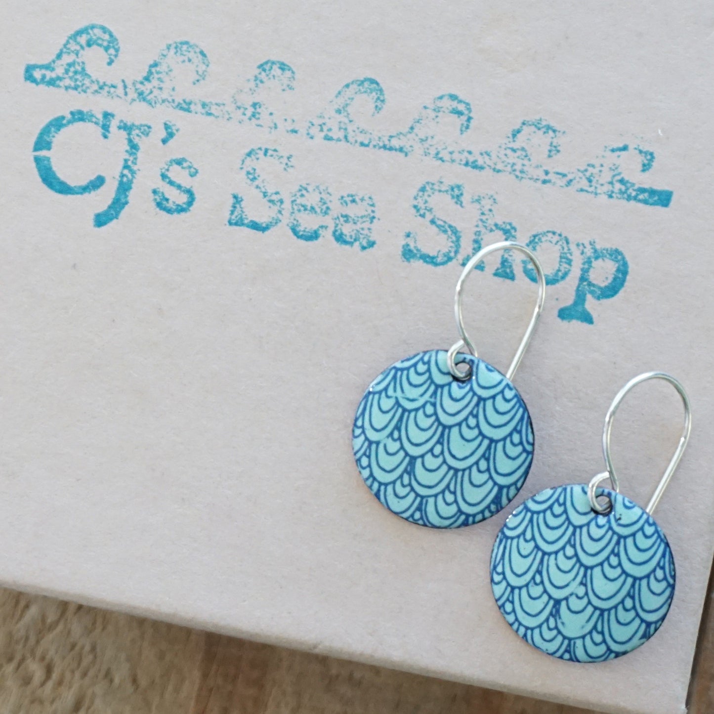Blue Mermaid Scale Accents on Seafoam Green Enamel Disc Earrings