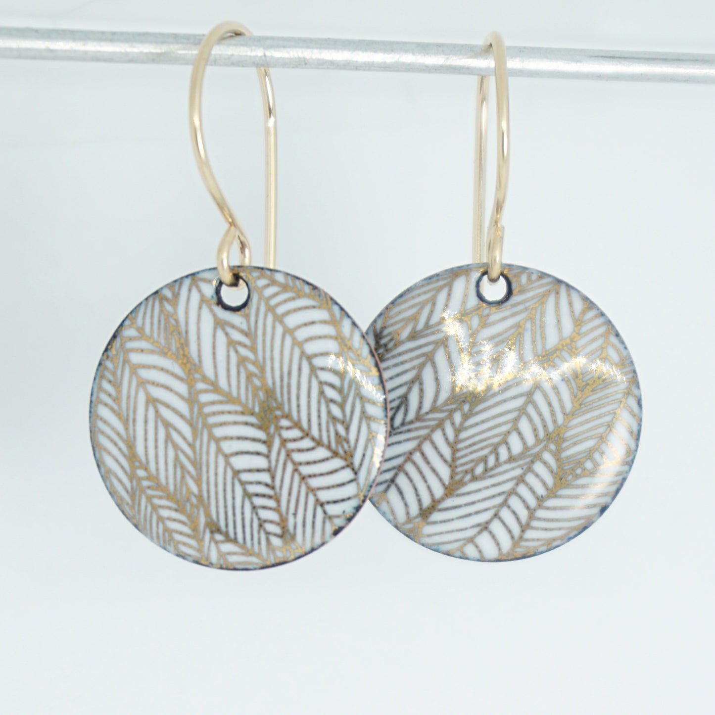Gold Leaf Accents on White Enamel Disc Earrings