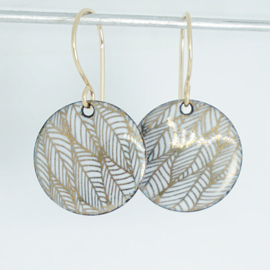 Gold Leaf Accents on White Enamel Disc Earrings
