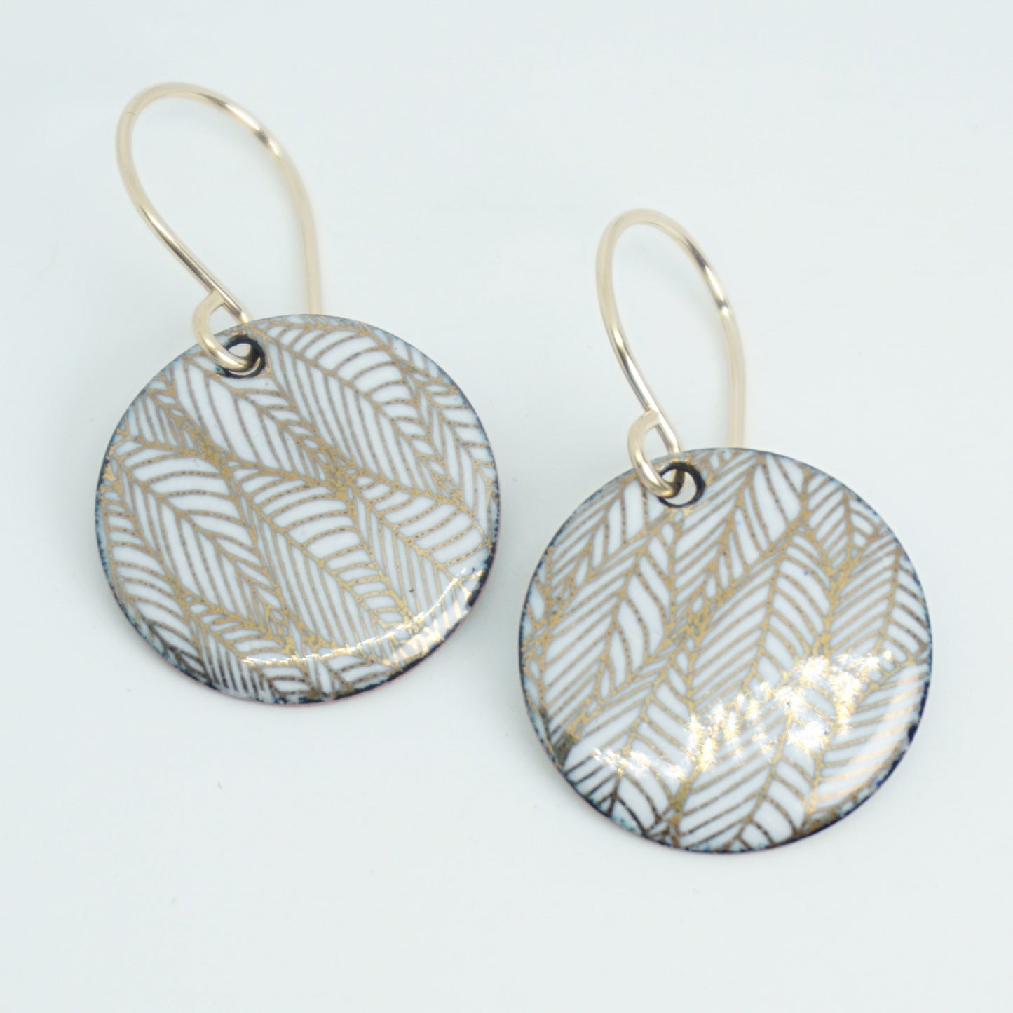 Gold Leaf Accents on White Enamel Disc Earrings