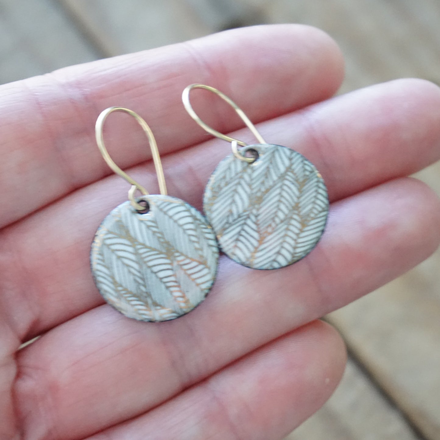 Gold Leaf Accents on White Enamel Disc Earrings