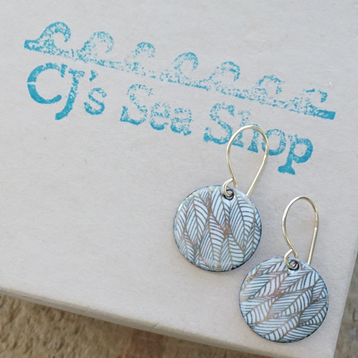 Gold Leaf Accents on White Enamel Disc Earrings