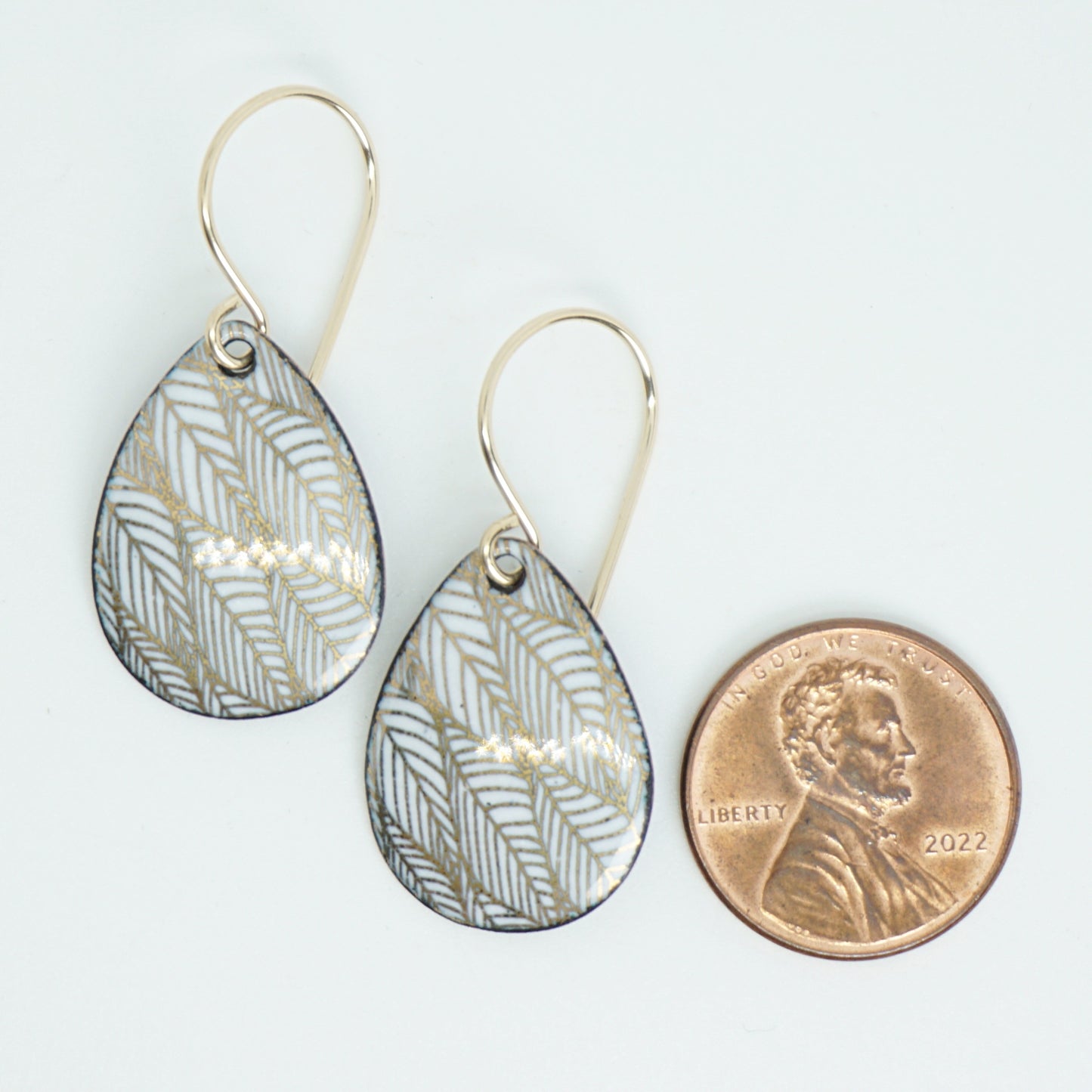 Gold Leaf Accents on White Enamel Teardrop Earrings