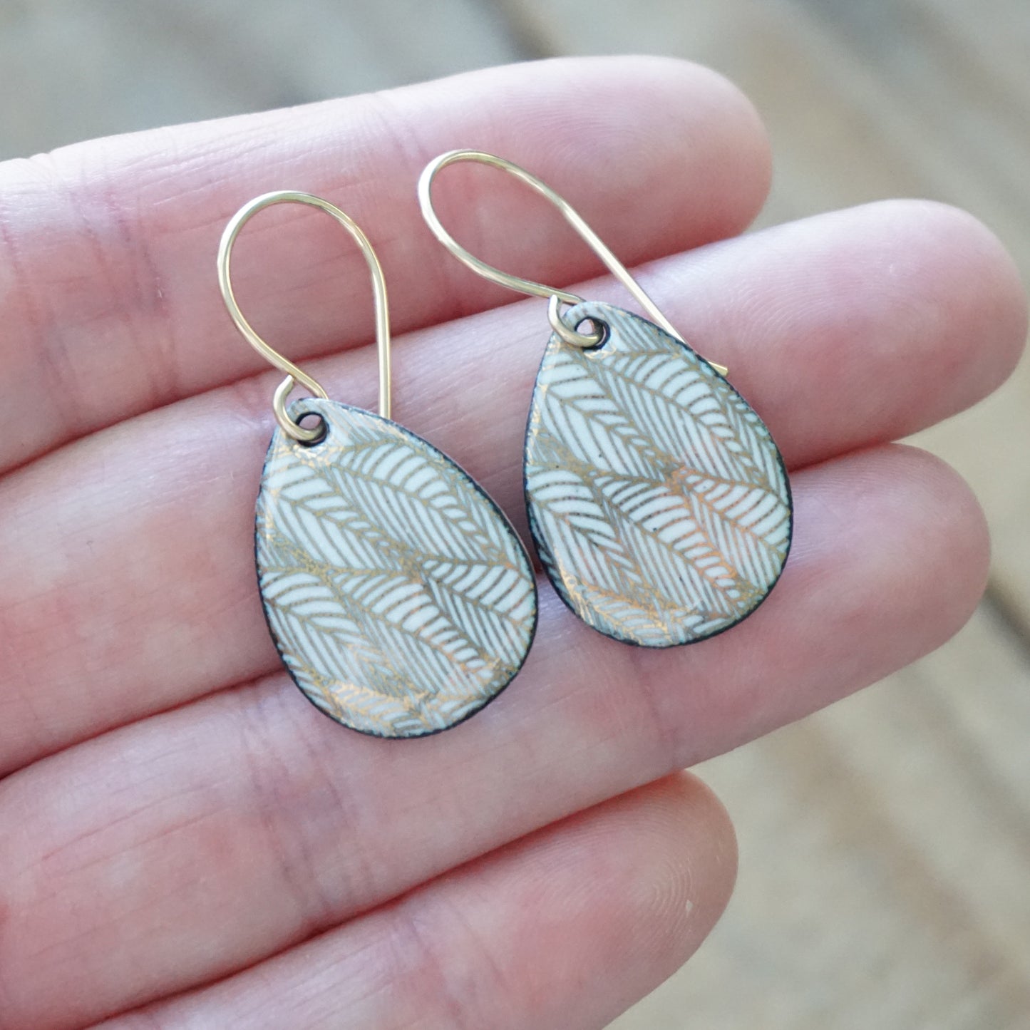 Gold Leaf Accents on White Enamel Teardrop Earrings