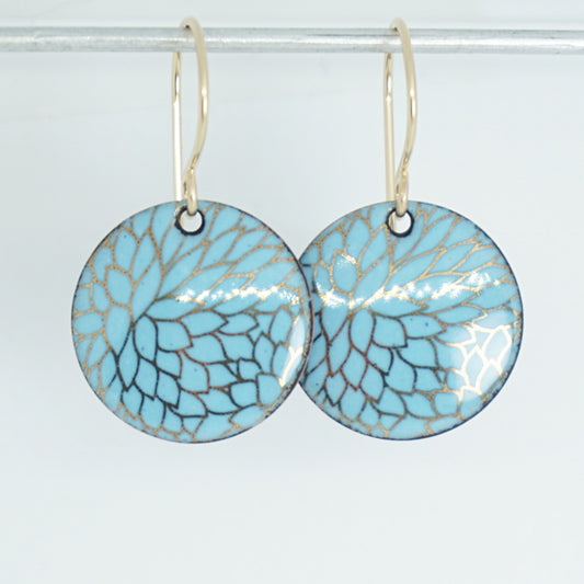 Gold Flower Accents on Light Blue Enamel Disc Earrings