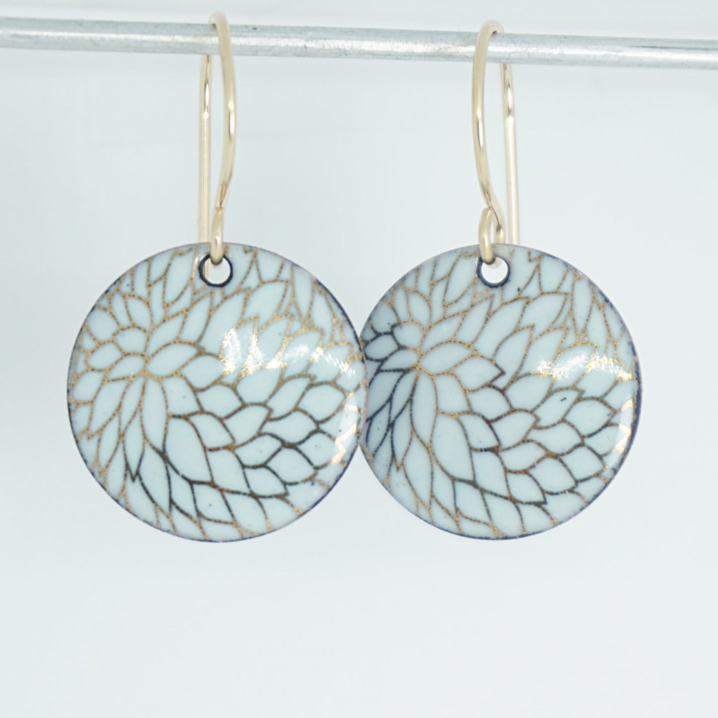 Gold Flower Accents on Light Seafoam Green Enamel Disc Earrings